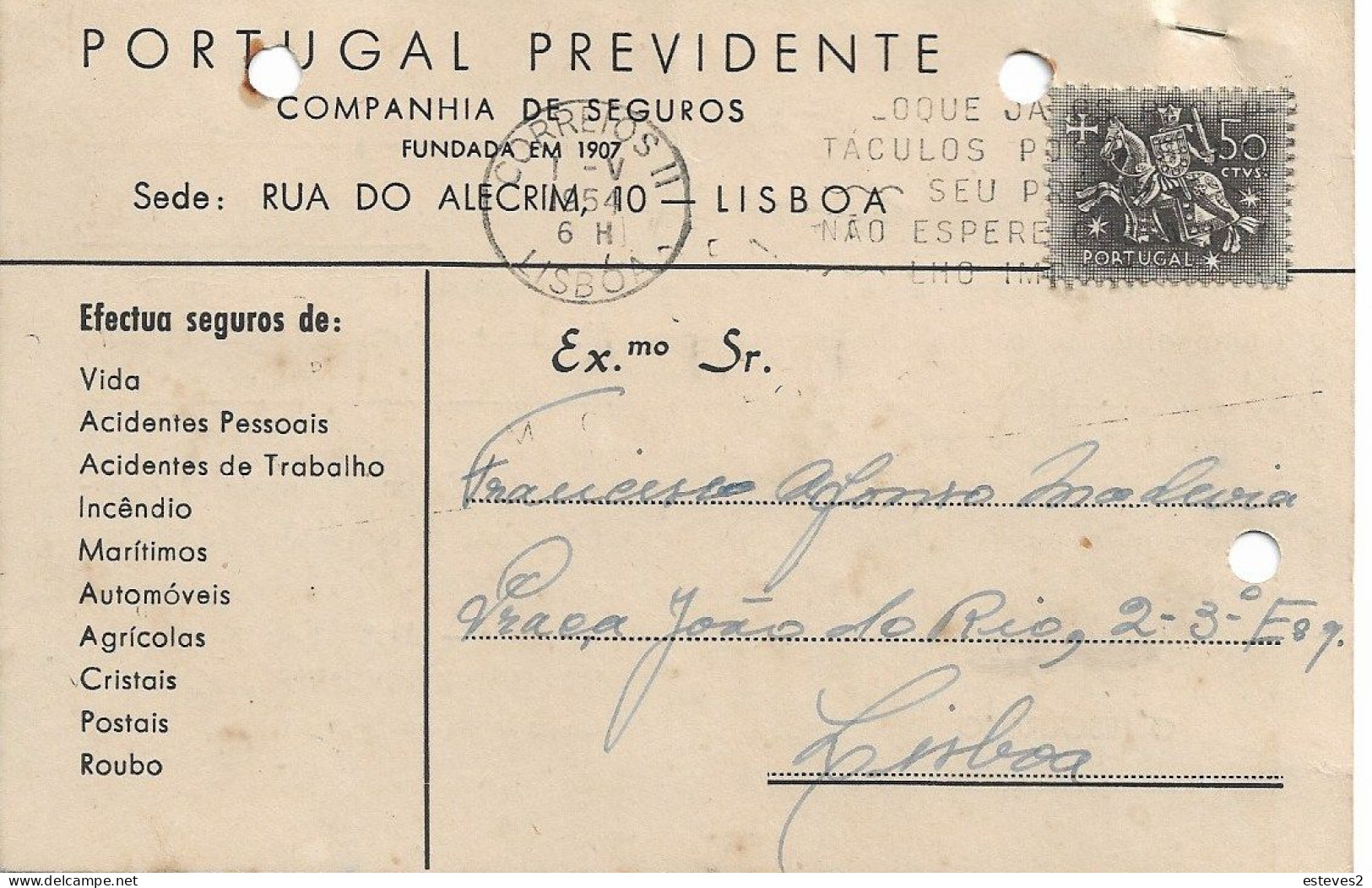 Portugal 1954 , COMPANHIA DE SEGUROS PORTUGAL PREVIDENTE , Insurance Commercial Mail , - Portugal