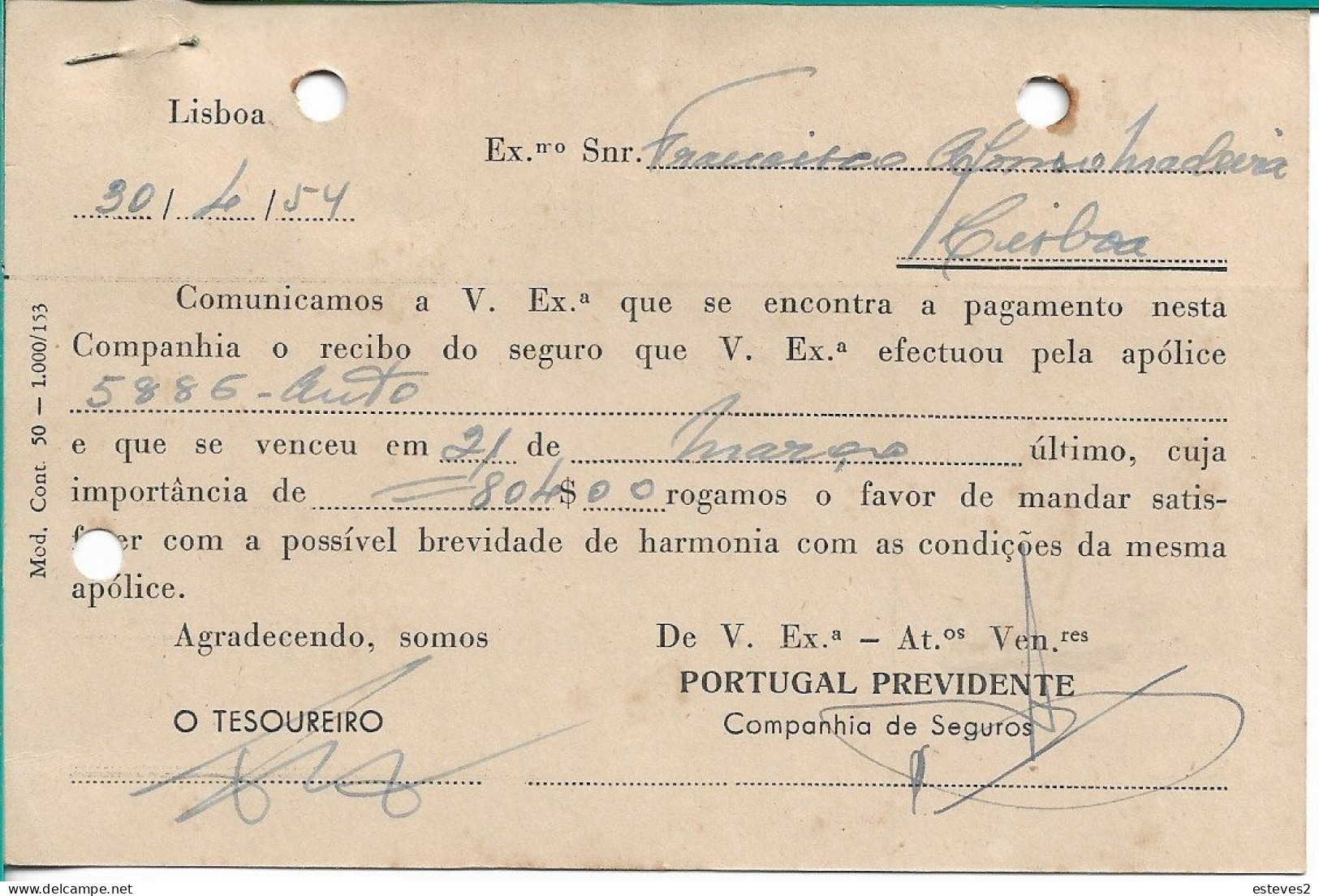 Portugal 1954 , COMPANHIA DE SEGUROS PORTUGAL PREVIDENTE , Insurance Commercial Mail , - Portugal