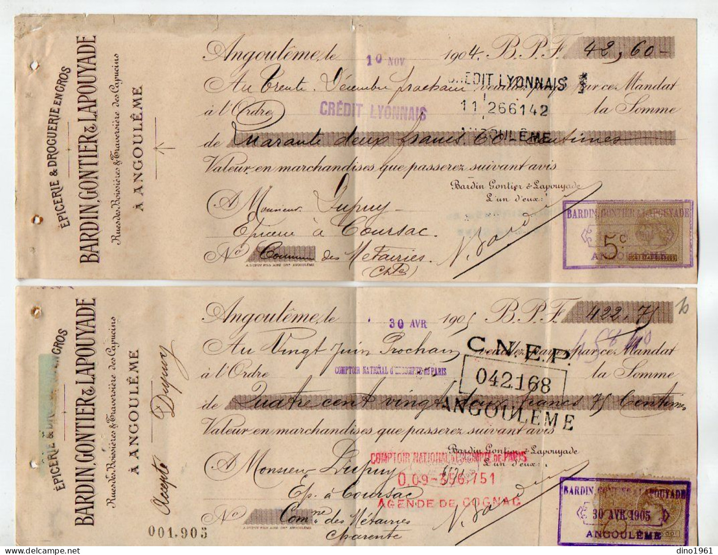 VP22.582 - Lettre De Change X 2 - 1904 / 1905 - Epicerie & Droguerie En Gros - BARDIN, GONTIER & LAPOUYADE à ANGOULEME - Letras De Cambio