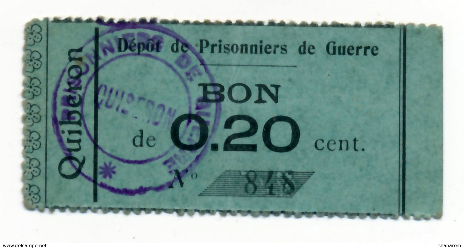 1918-1918 // P.O.W. // DEPÔT DE QUIBERON // Bon De Vingt Centimes - Autres & Non Classés