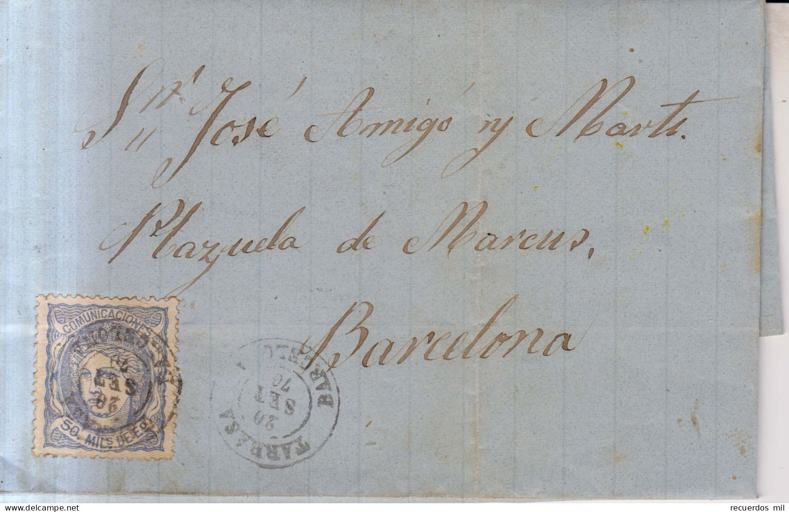 Año 1870 Edifil 107 Alegoria Carta Matasellos Tarrasa Barcelona Pablo Alegre - Cartas & Documentos