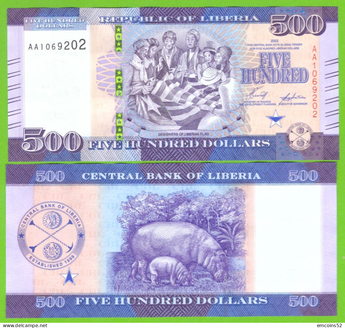 LIBERIA 500 DOLLARS 2022 P-W42 UNC - Liberia