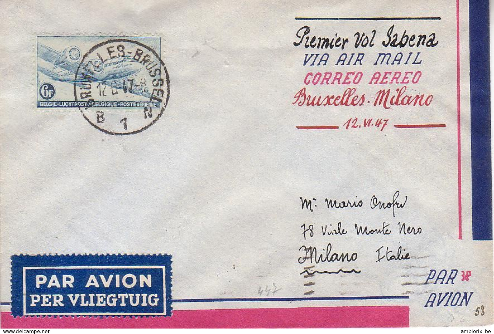 SABENA - Enveloppe Premier Vol - Milano Italie - ....-1951