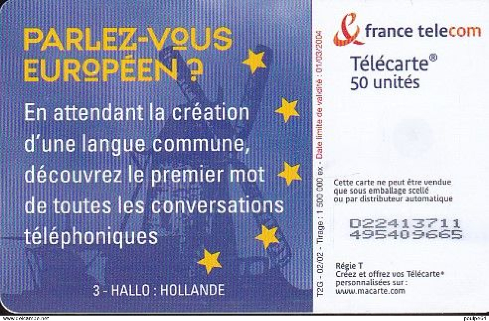 F1200F  02/2002 - PARLEZ-VOUS EUROPÉEN ? HOLLANDE - 50 OB2 - 2002