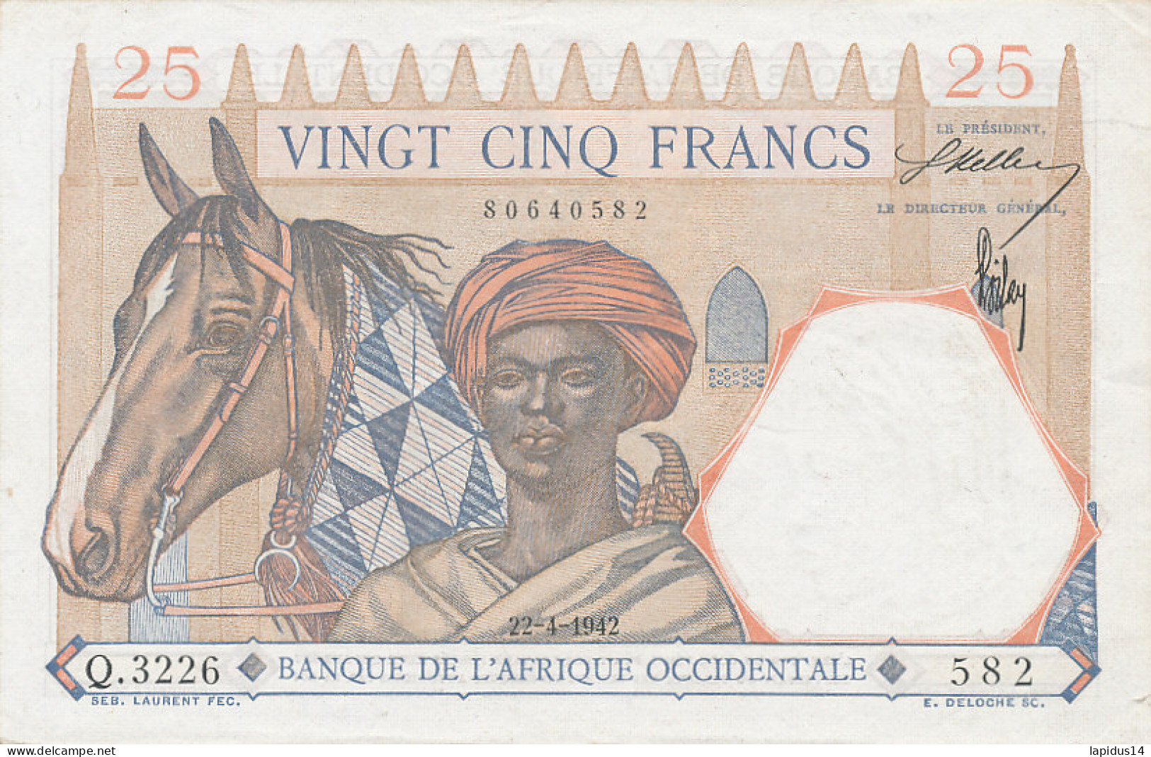  BILLET    BANQUE  DE L'AFRIQUE OCCIDENTALE  25 FRANCS  Q 3226     22-4-1942 - Sudafrica