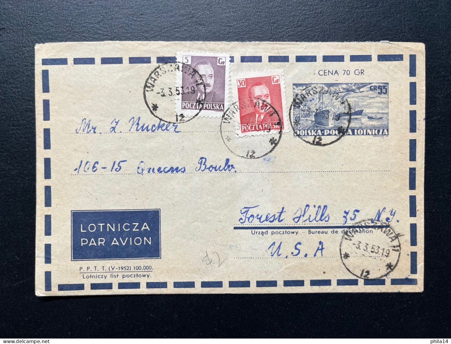 ENVELOPPE POLOGNE WARSZAWA POUR FOREST HILLS USA 1953 - Storia Postale