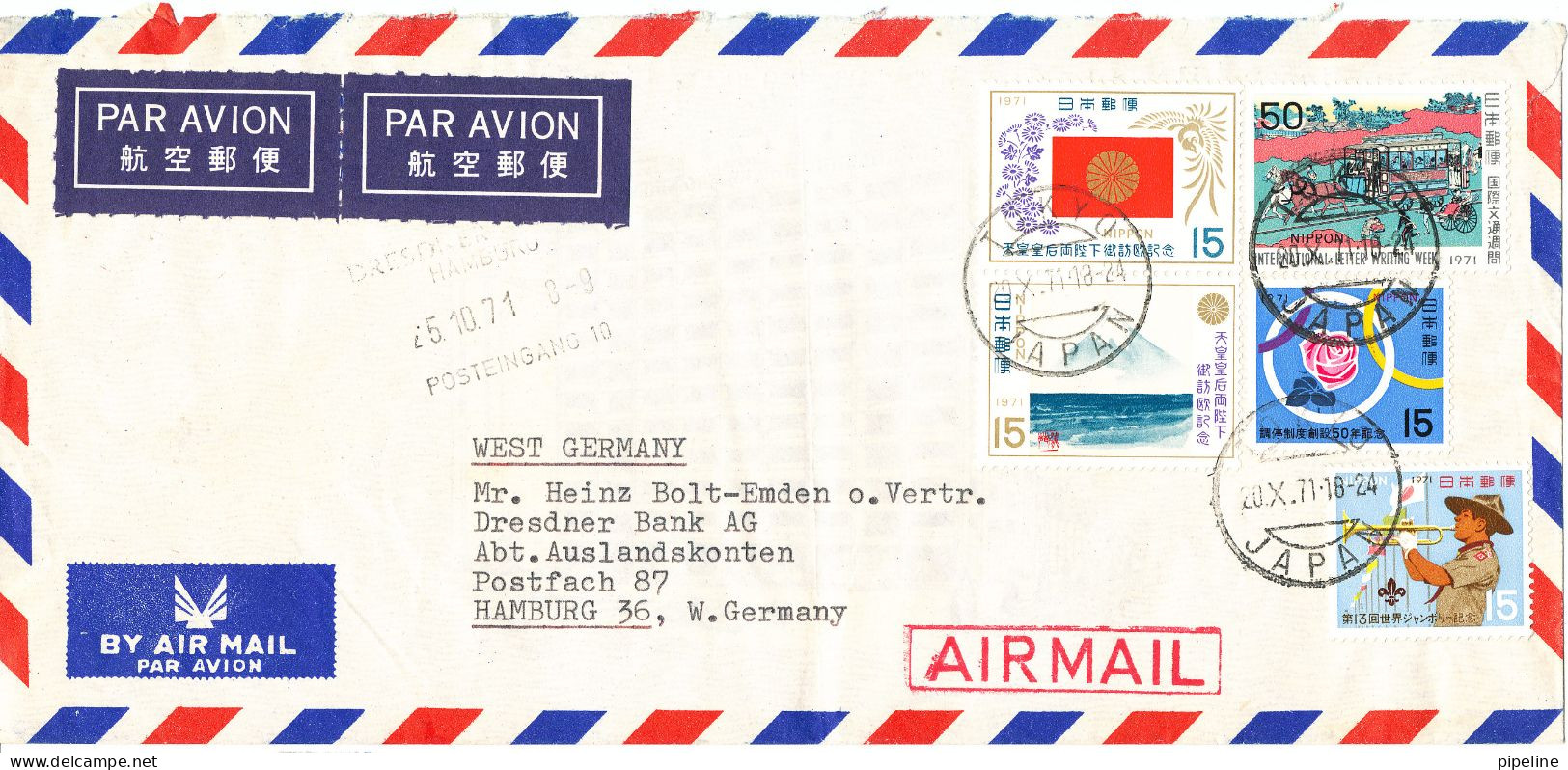 Japan Air Mail Cover Sent To Germany Tokyo 20-10-1971 (light Folded Cover) With More Topic Stamps - Airmail