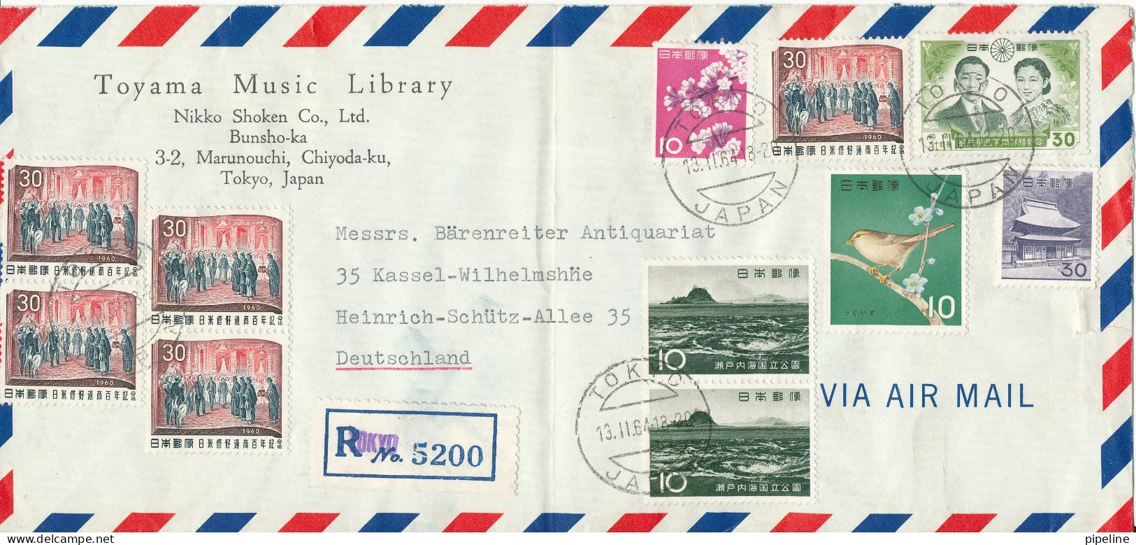 Japan Registered Air Mail Cover Sent To Germany Tokyo 13-11-1964 With A Lot Of Topic Stamps (folded Cover) - Luftpost