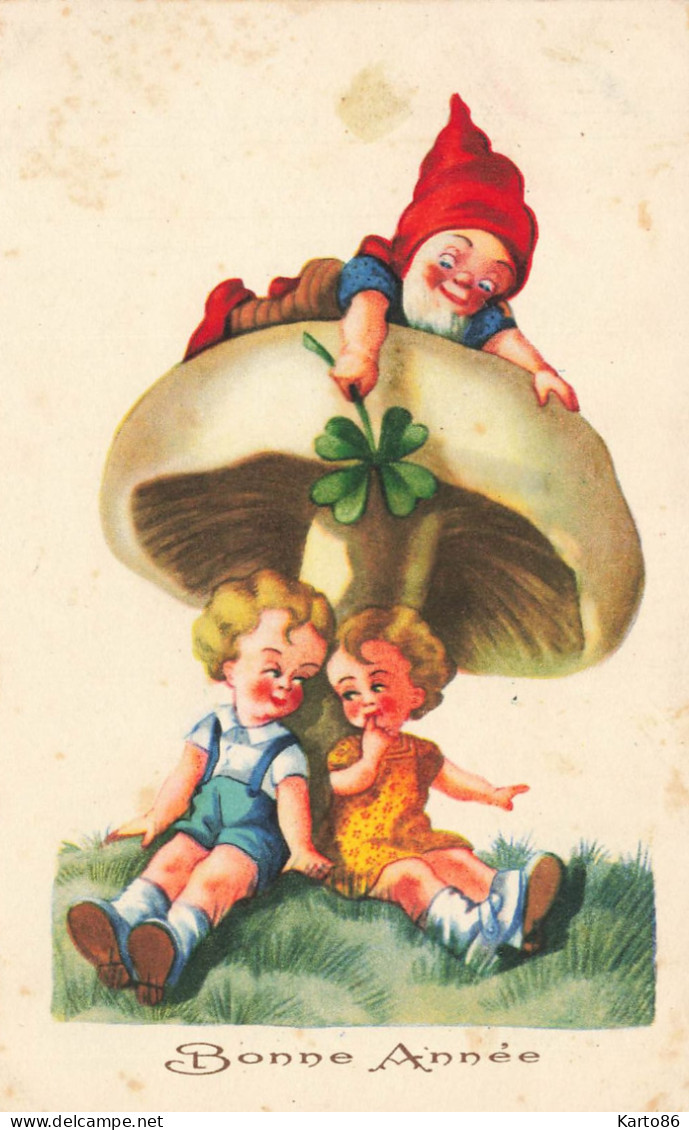 Champignon , Enfants Et Lutin * CPA Illustrateur * Mushroom Lutins Leprechaun * Porte Bonheur Trèfle 4 Feuilles - Mushrooms