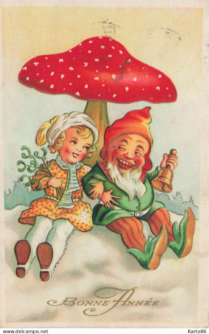 Champignon , Enfant Et Lutin * CPA Illustrateur * Mushroom Lutins Leprechaun * Cloche Neige Hiver - Mushrooms
