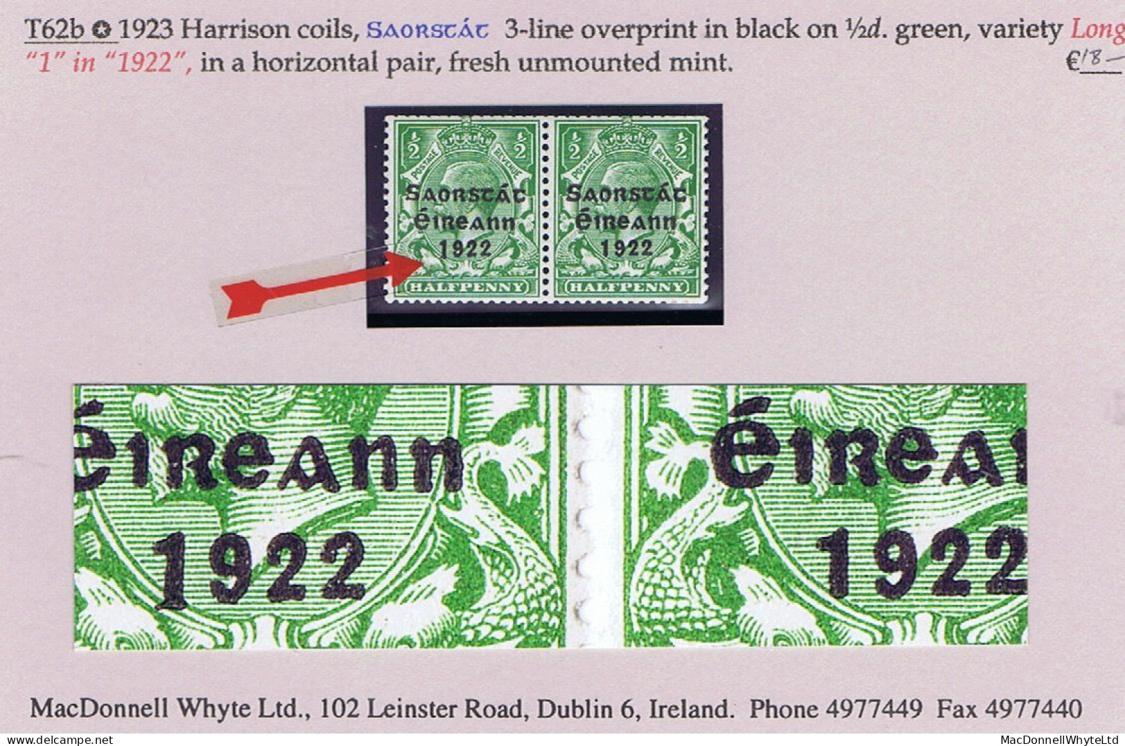 Ireland 1923 Harrison Saorstat Coils ½d Green Variety "Long 1 In 1922" Left Stamp Of Horizontal Pair Mint Unmounted - Unused Stamps