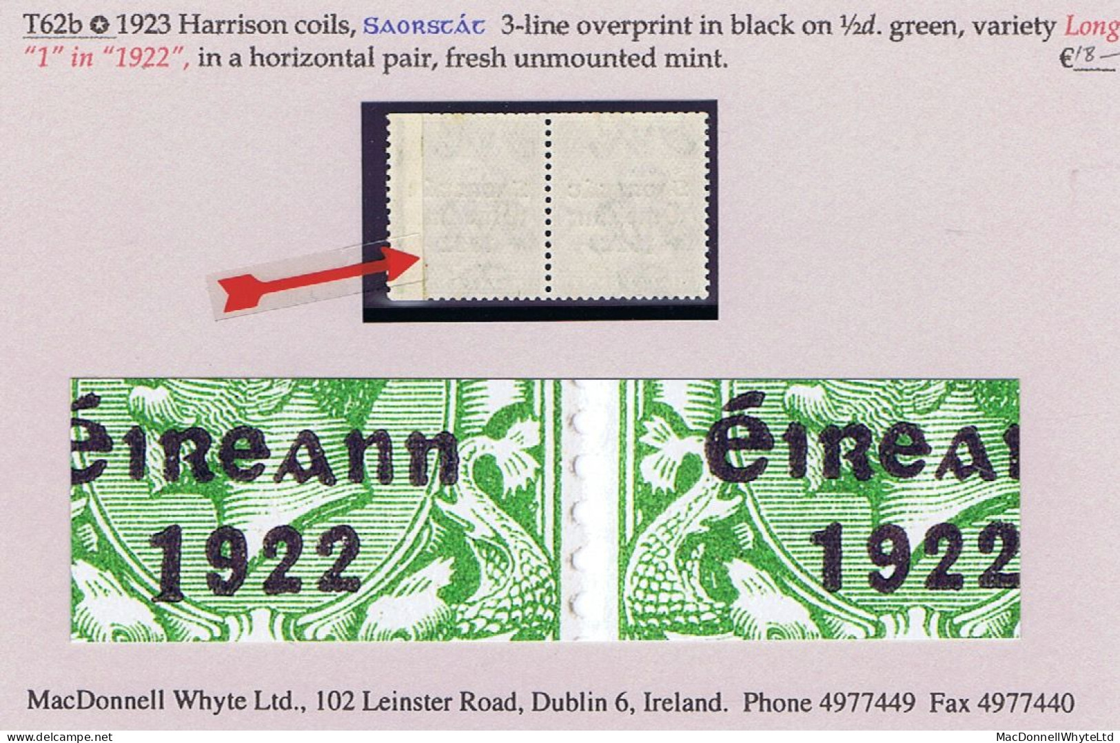 Ireland 1923 Harrison Saorstat Coils ½d Green Variety "Long 1 In 1922" Left Stamp Of Horizontal Pair Mint Unmounted - Unused Stamps