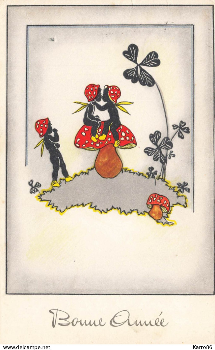 Enfants Silhouette Papillon & Champignons * CPA Illustrateur * Mushroom Champignon Silhouettiste * Trèfle 4 Feuilles - Champignons