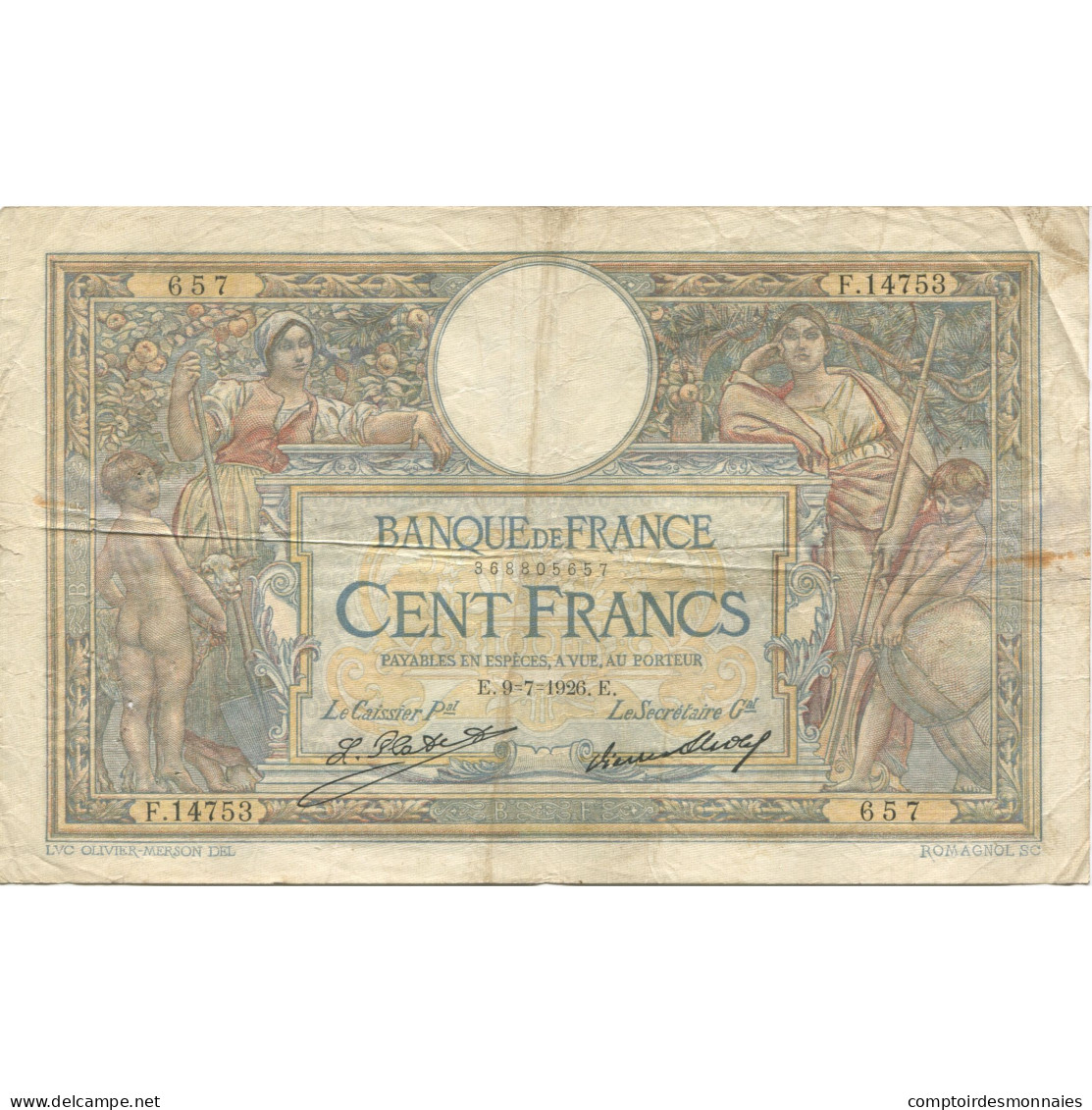 France, 100 Francs, Luc Olivier Merson, 1926, 1926-07-09, TB, Fayette:24.5 - 100 F 1908-1939 ''Luc Olivier Merson''
