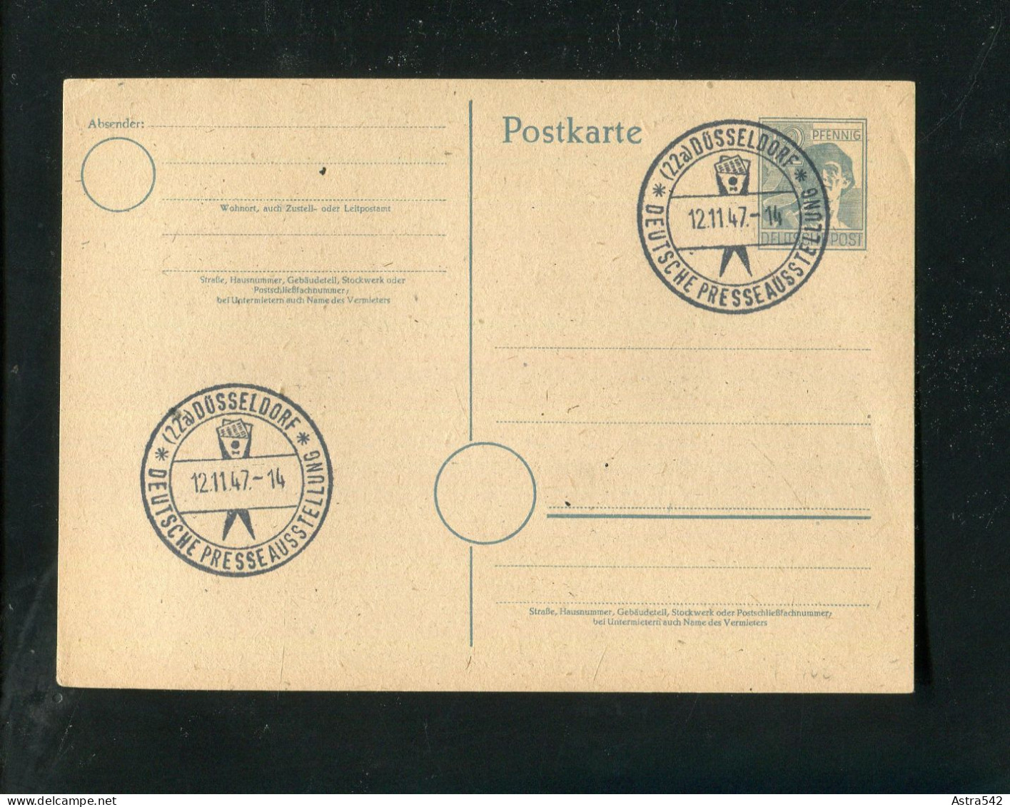 "ALL. BESETZUNG" 1947, SSt. "DUESSELDORF, Deutsche Presse Ausstellung" Auf Postkarte (2689) - Entiers Postaux