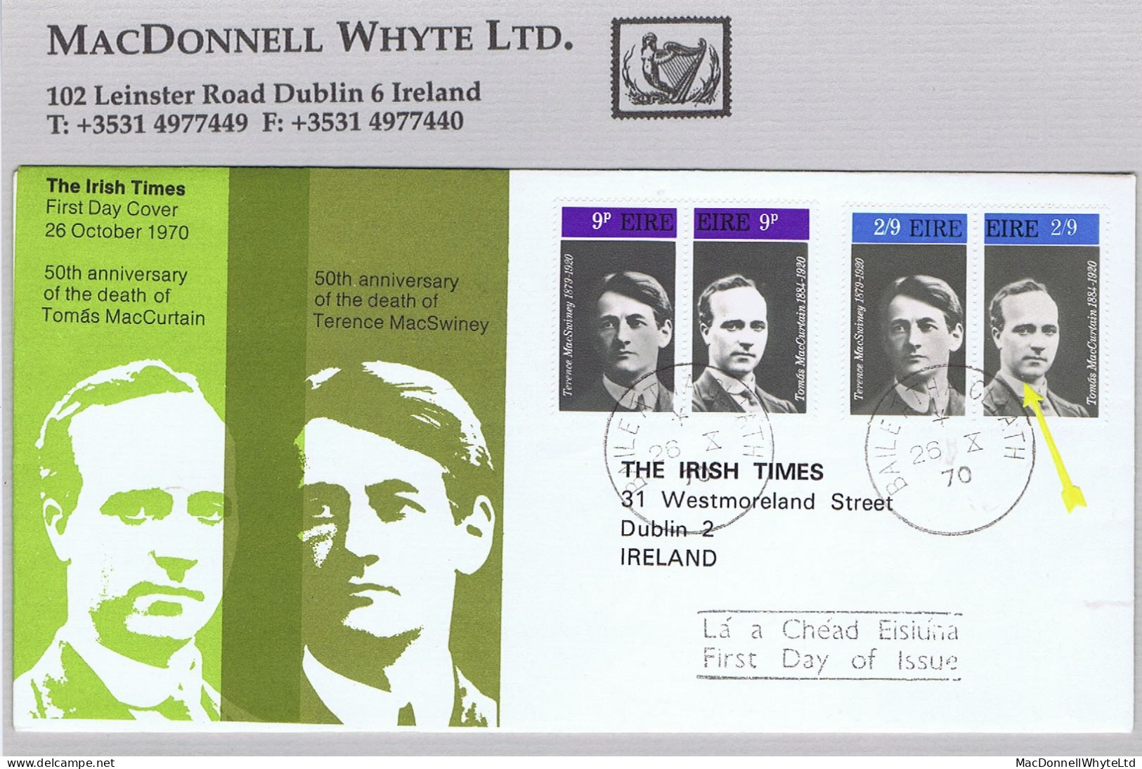 Ireland 1970 McCurtain 2/9d Variety "Spot On Chin" Row 4/10 On First Day Cover 26 X 70 - Usati