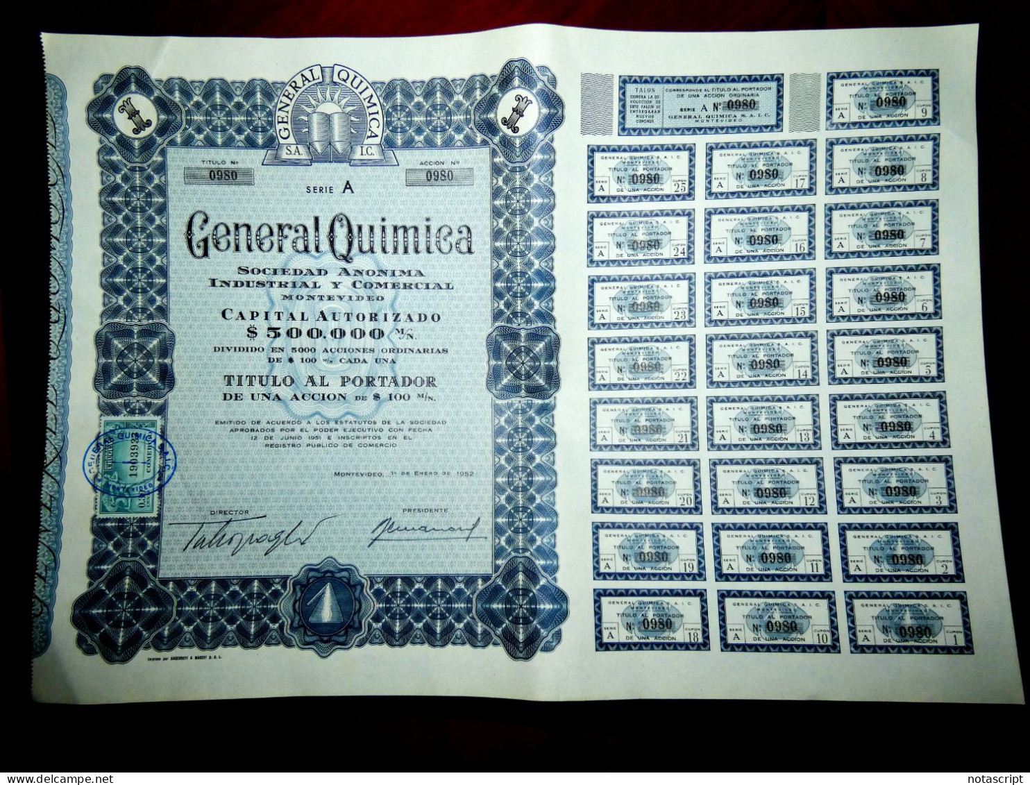 General Quimica  ,100 Pesos.Montevideo ,Uruguay 1952 ,acción - Industrie