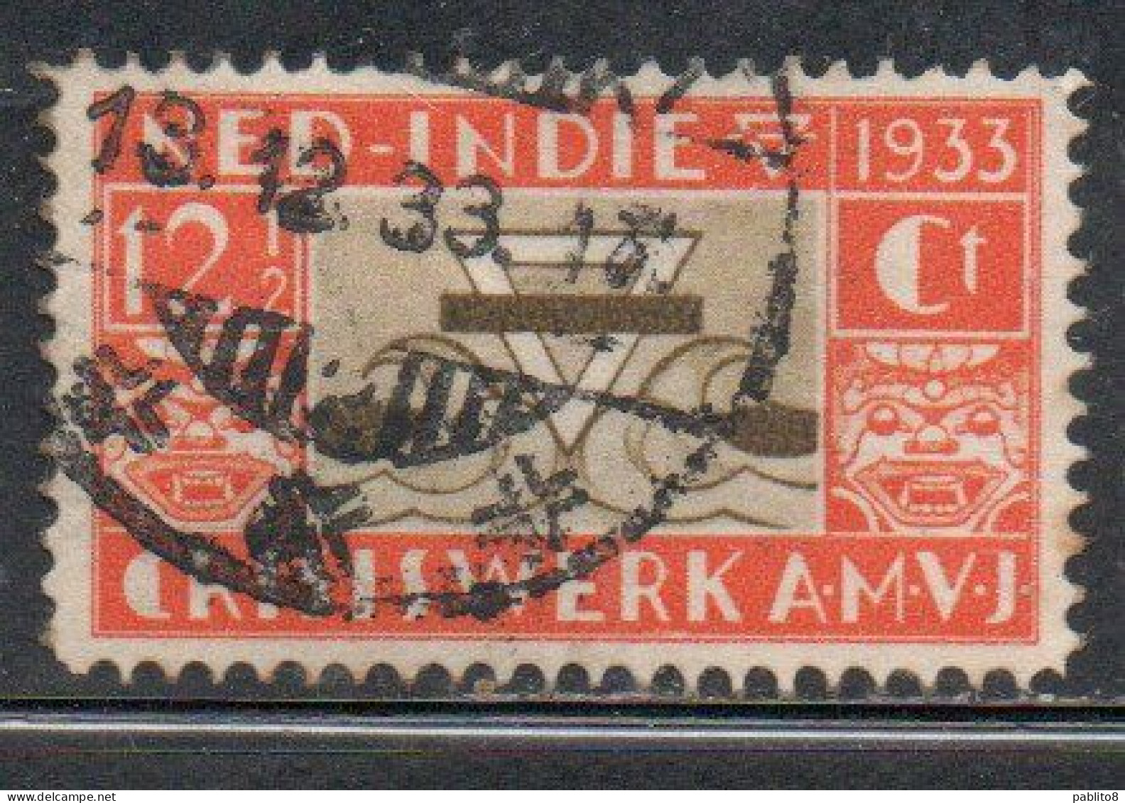 DUTCH INDIA INDIE INDE NEDERLANDS HOLLAND OLANDESE NETHERLANDS INDIES 1933  YMCA EMBLEM 12 1/2c + 2 1/2 USED USATO - Nederlands-Indië