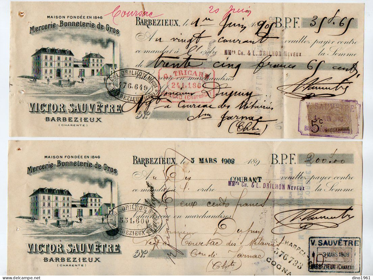 VP22.586 - Lettre De Change X 2 - 1905 / 09 - Mercerie - Bonneterie De Gros - Victor SAUVETRE à BARBEZIEUX ( Charente ) - Bills Of Exchange