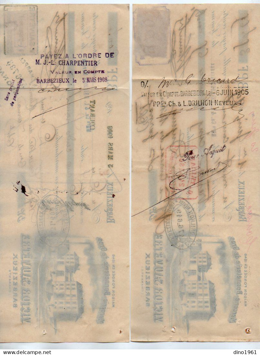 VP22.586 - Lettre De Change X 2 - 1905 / 09 - Mercerie - Bonneterie De Gros - Victor SAUVETRE à BARBEZIEUX ( Charente ) - Bills Of Exchange
