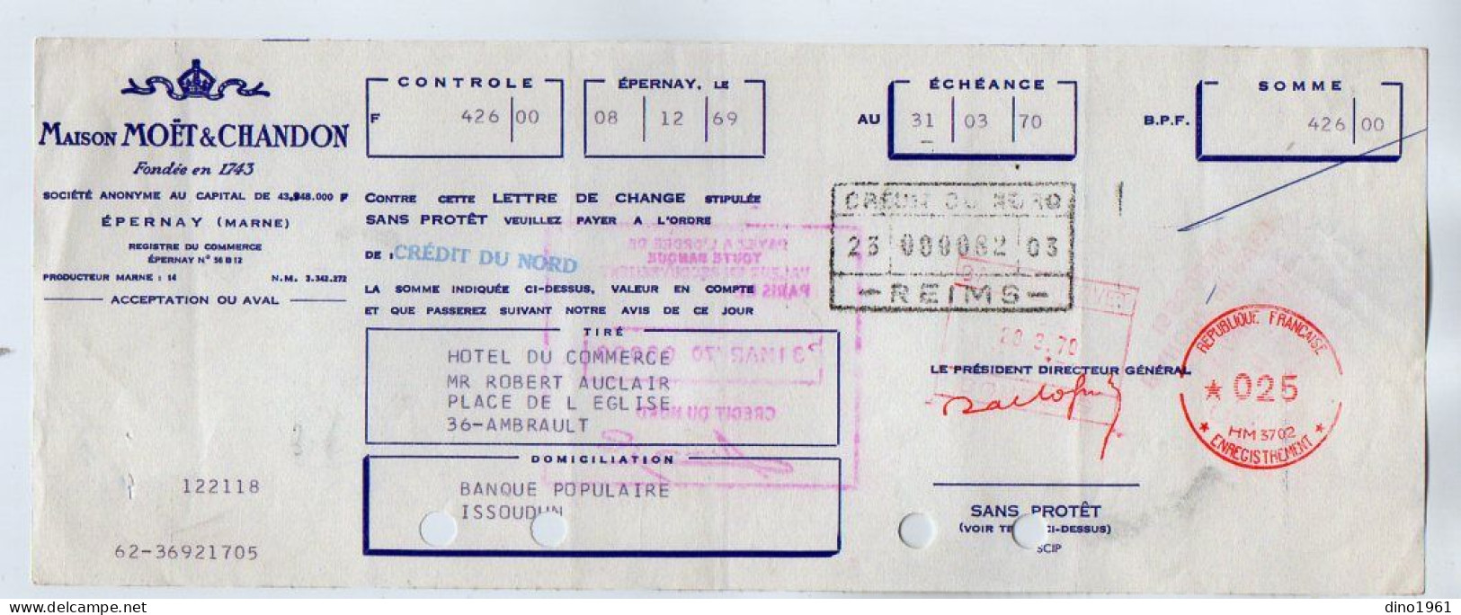 VP22.588 - Lettre De Change - 1969 - Champagne - Maison MOET & CHANDON à EPERNAY ( Marne ) - Bills Of Exchange