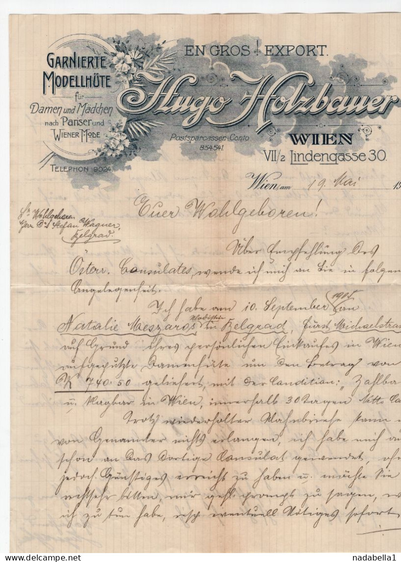 1906. AUSTRIA,VIENNA,HUGO HOLZBAUER FASHION,LETTERHEAD,LETTER TO SERBIA,BELGRADE - Austria