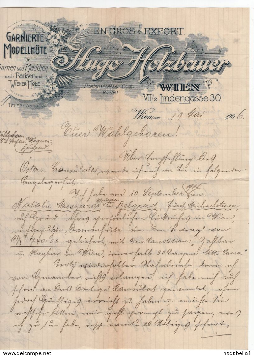 1906. AUSTRIA,VIENNA,HUGO HOLZBAUER FASHION,LETTERHEAD,LETTER TO SERBIA,BELGRADE - Österreich