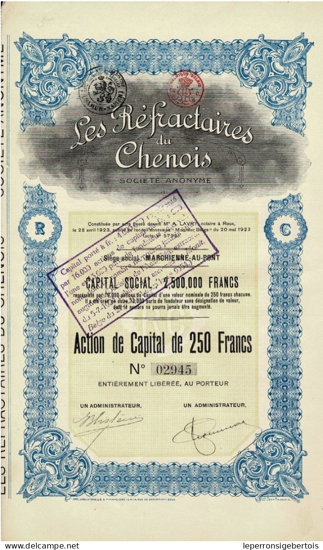 - Titre De 1923 - Les Réfractaires Du Chenois - Société Anonyme   - - Industrie