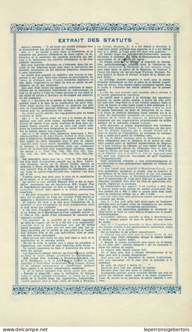 - Titre De 1923 - Les Réfractaires Du Chenois - Société Anonyme   - - Industrie