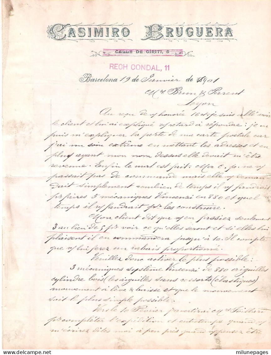 Lettre En-tête Casimiro Bruguera Representacion Y Comision Barcelona 1901 + Tarjeta Postal Privada - Espagne