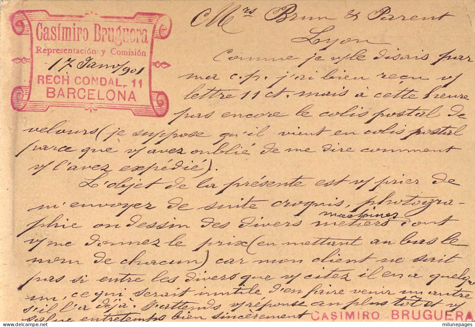 Lettre En-tête Casimiro Bruguera Representacion Y Comision Barcelona 1901 + Tarjeta Postal Privada - Espagne