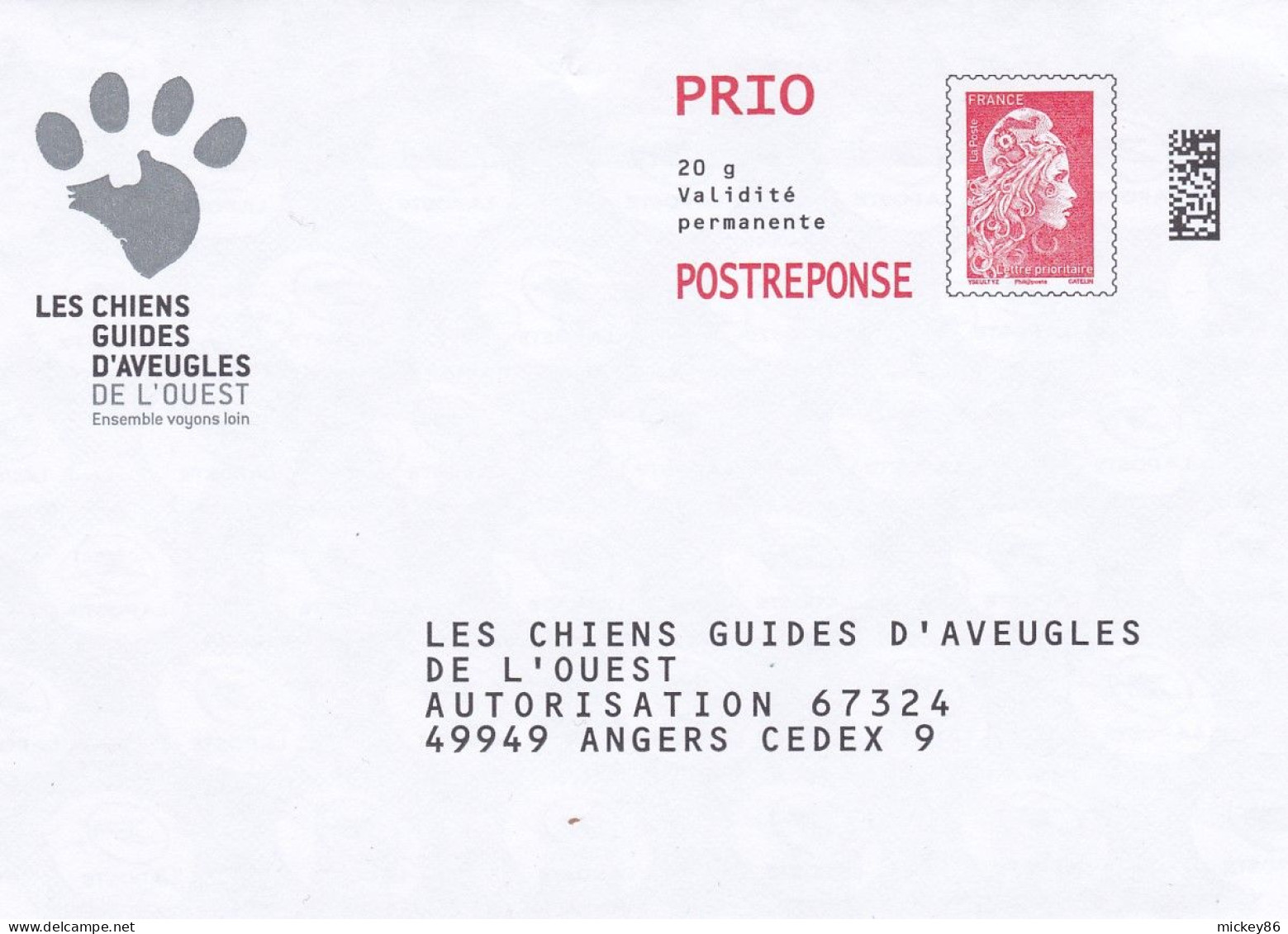 Entier Enveloppe  PAP Réponse Marianne L'Engagée- Chiens Guides D'aveugles--NEUF  .n° 231824........à Saisir - Prêts-à-poster:Answer/Marianne L'Engagée