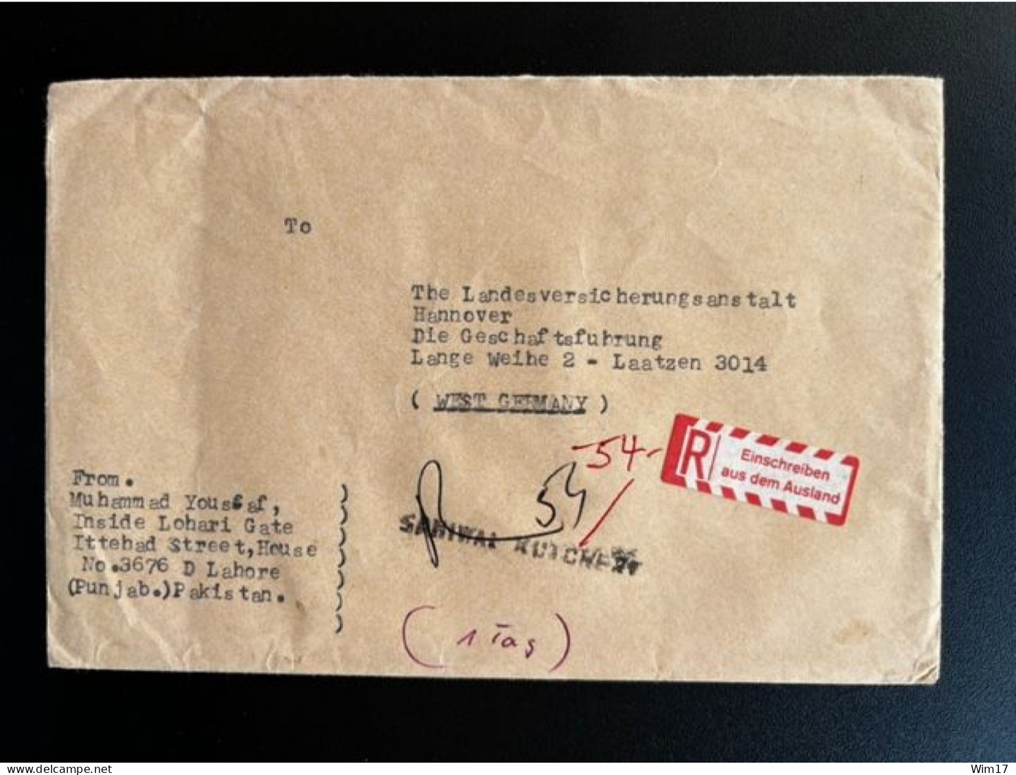 PAKISTAN 1988 REGISTERED LETTER LAHORE TO LAATZEN GERMANY 03-01-1988 - Pakistan