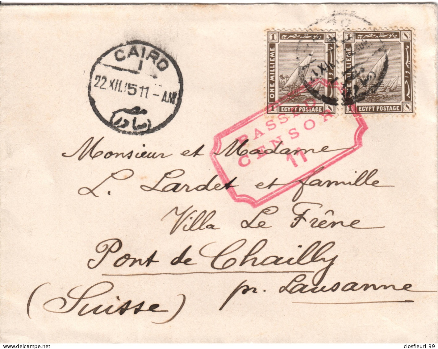 Cairo 22.XII.1915 / Censor 11 For Lausanne (Switzerland) - 1915-1921 Brits Protectoraat