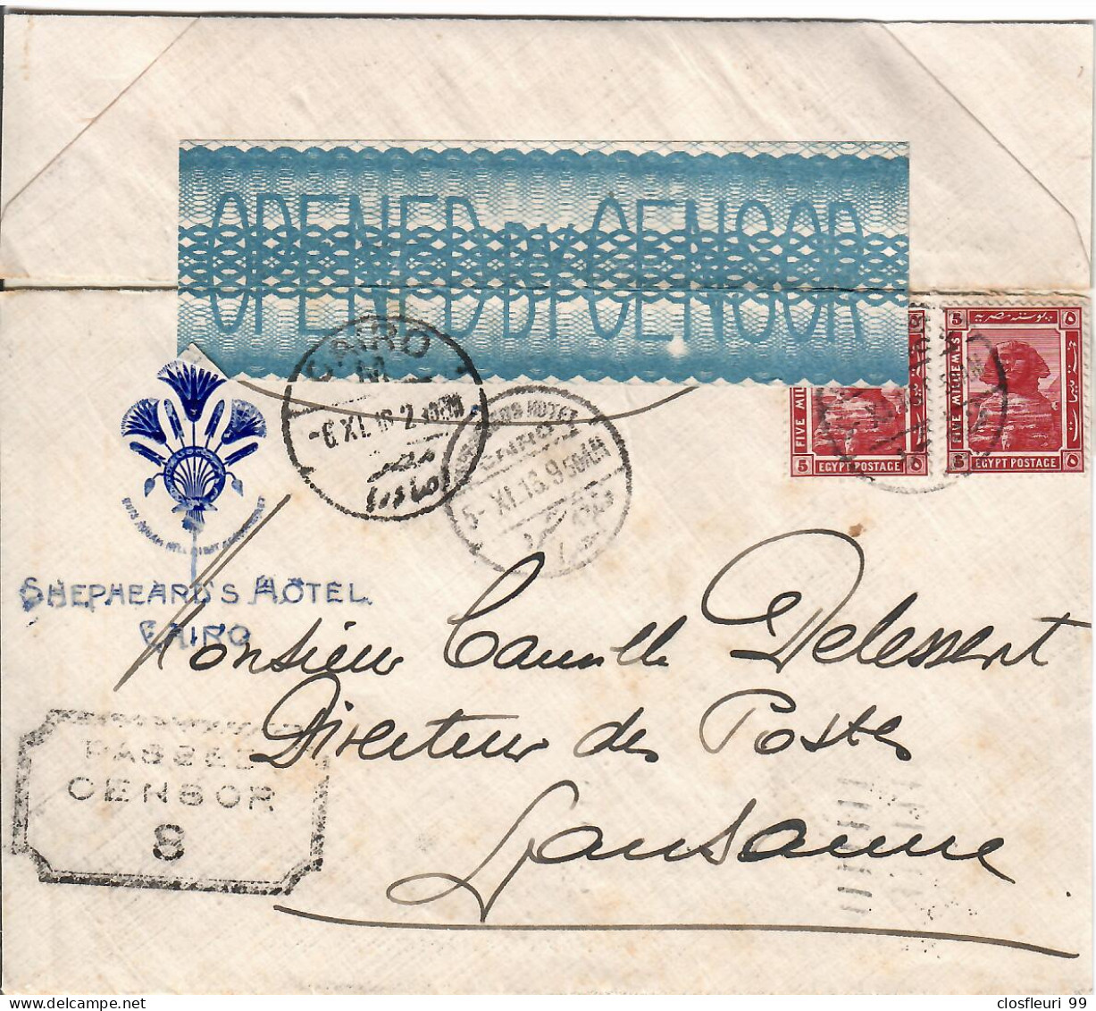 Paised By Censor N°8,  For Lausanne 19.XI.1916 Switzerland - 1915-1921 Protectorat Britannique