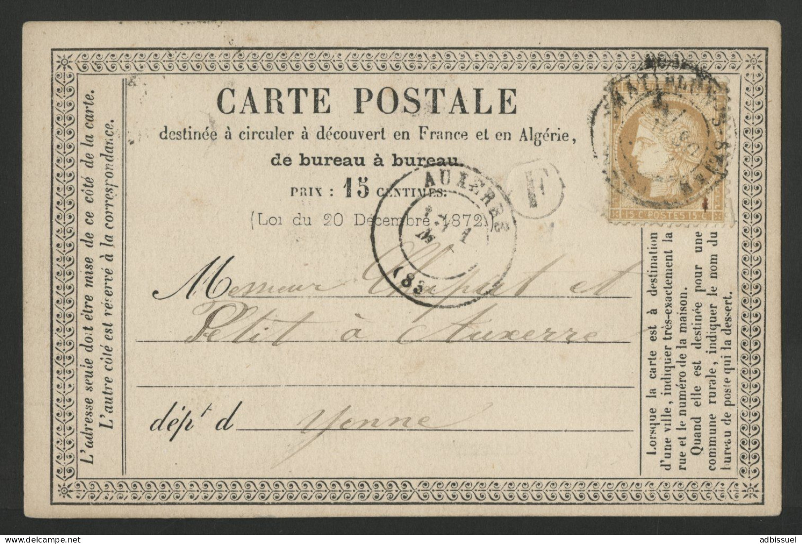 COTE D'OR Boîte Rurale F De Chaumont Le Bois En 1872 N° 59 Sur CP Obl. C. à D. Châtillon-s-Seine Voir Suite - 1849-1876: Classic Period