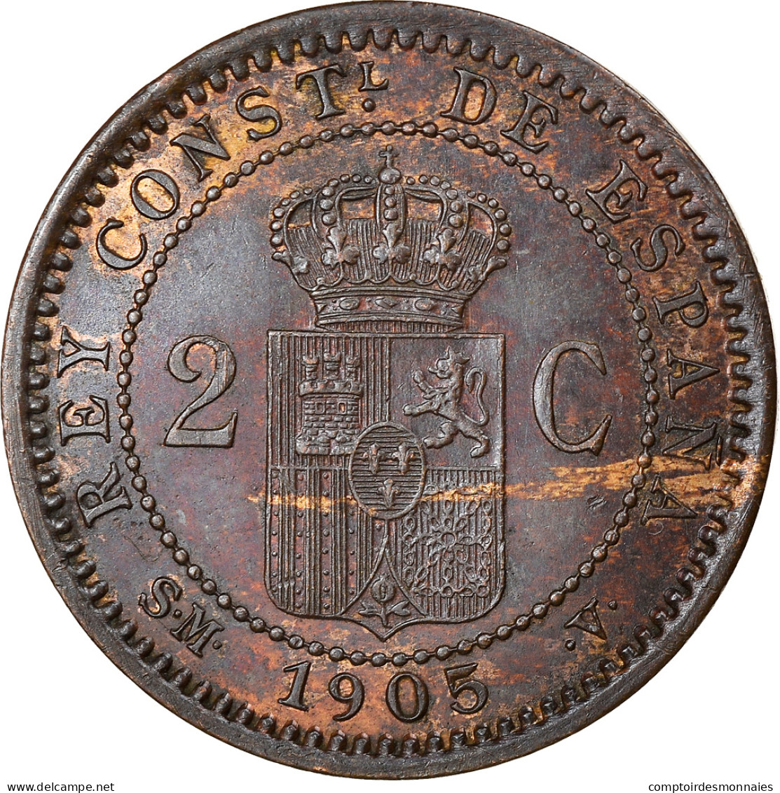 Monnaie, Espagne, Alfonso XIII, 2 Centimos, 1905, Madrid, SUP, Cuivre, KM:722 - First Minting