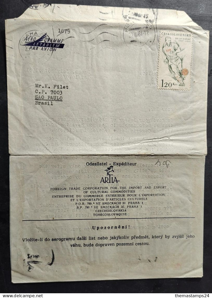 Czechoslovakia Aerogramme  Soccer Football Sports Circuled To Brazil 1961 - Brieven En Documenten