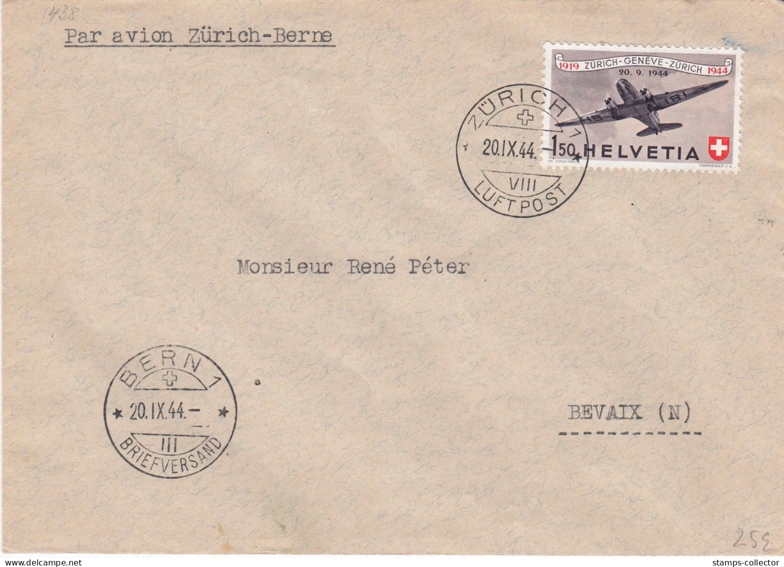 Schweitz, Zurich-Bern. 20.IX.44. Nice Cover - Storia Postale