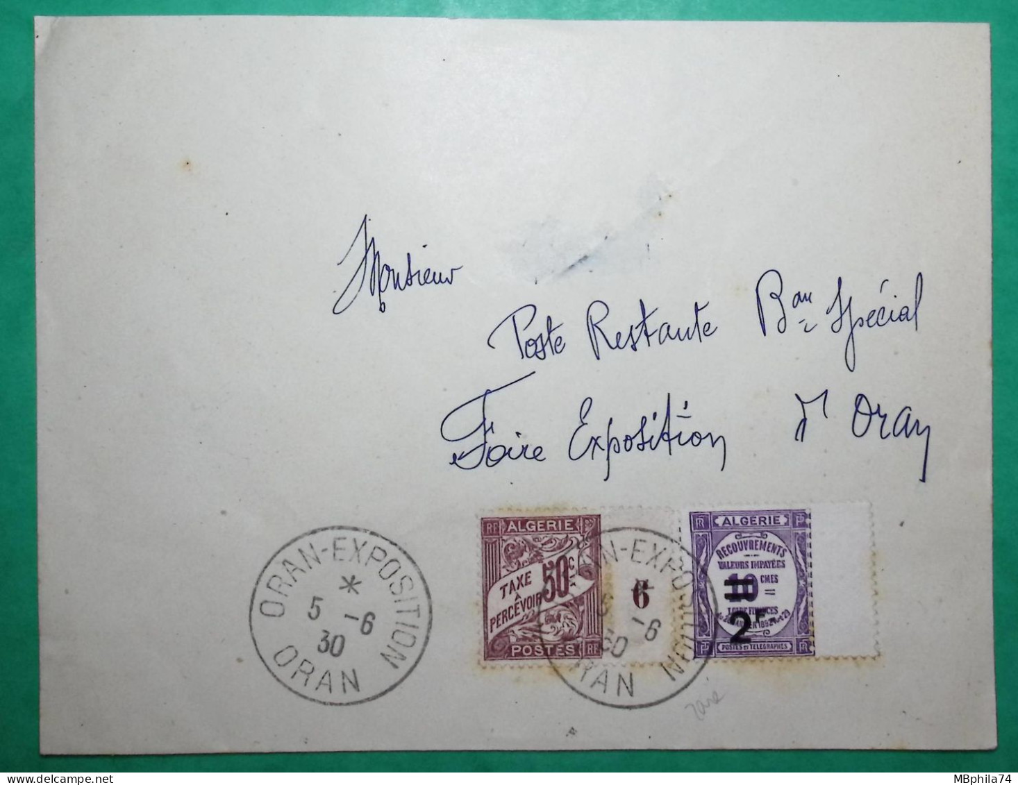 TIMBRES TAXES 50C DUVAL ALGERIE MILLESIME 6 + TAXE RECOUVREMENT SURCHARGE 2F ORAN EXPOSITION 1930 COVER FRANCE - Strafport