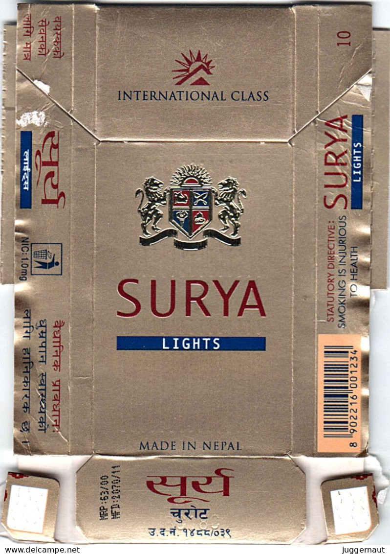 Nepal Surya Lights Cigarettes Empty Hard Pack Case/Cover Used - Estuches Para Cigarrillos (vacios)