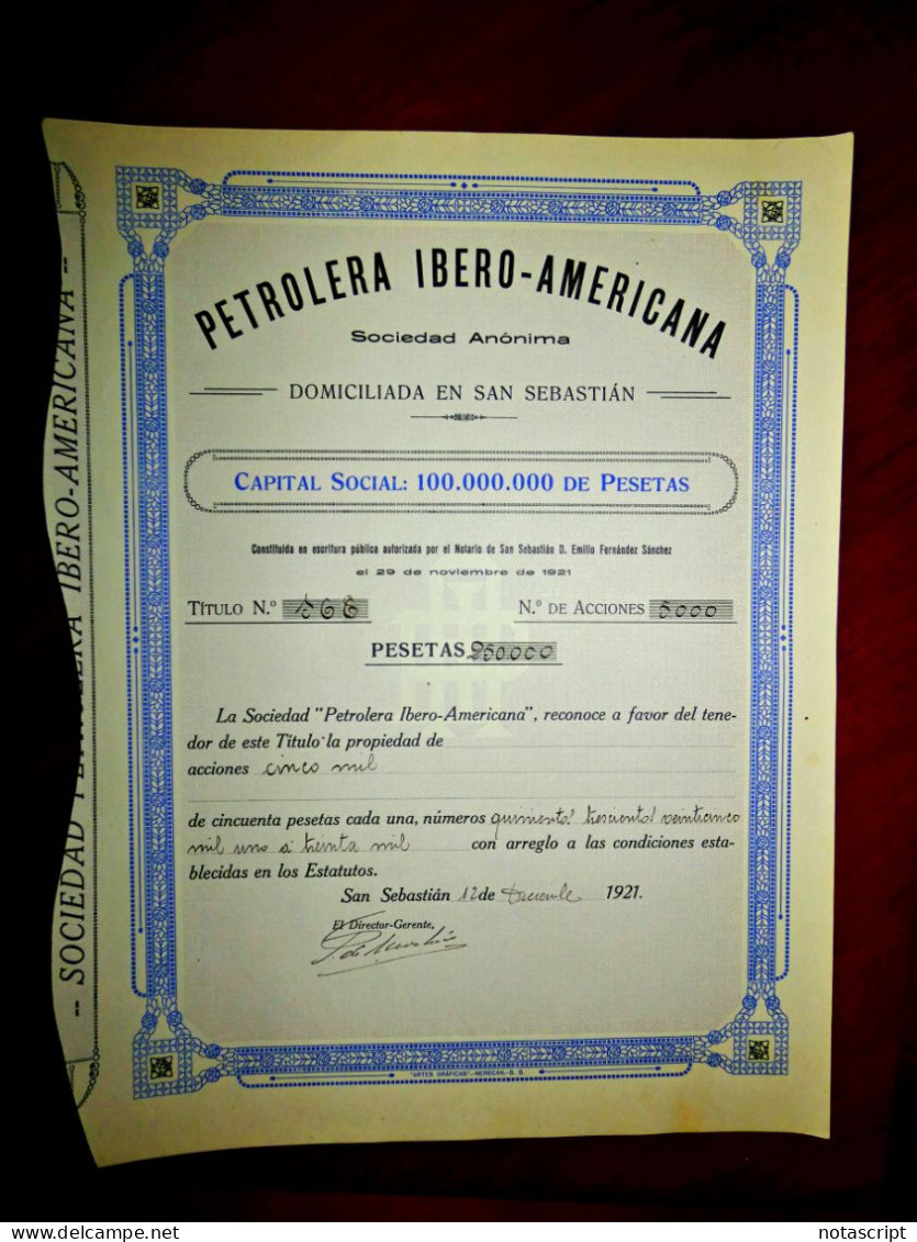 Petrolera Ibero- Americana ,San Sebastian 1921, Sondeos En Gastiain,Valle De Lana Estella .Acción - Petróleo