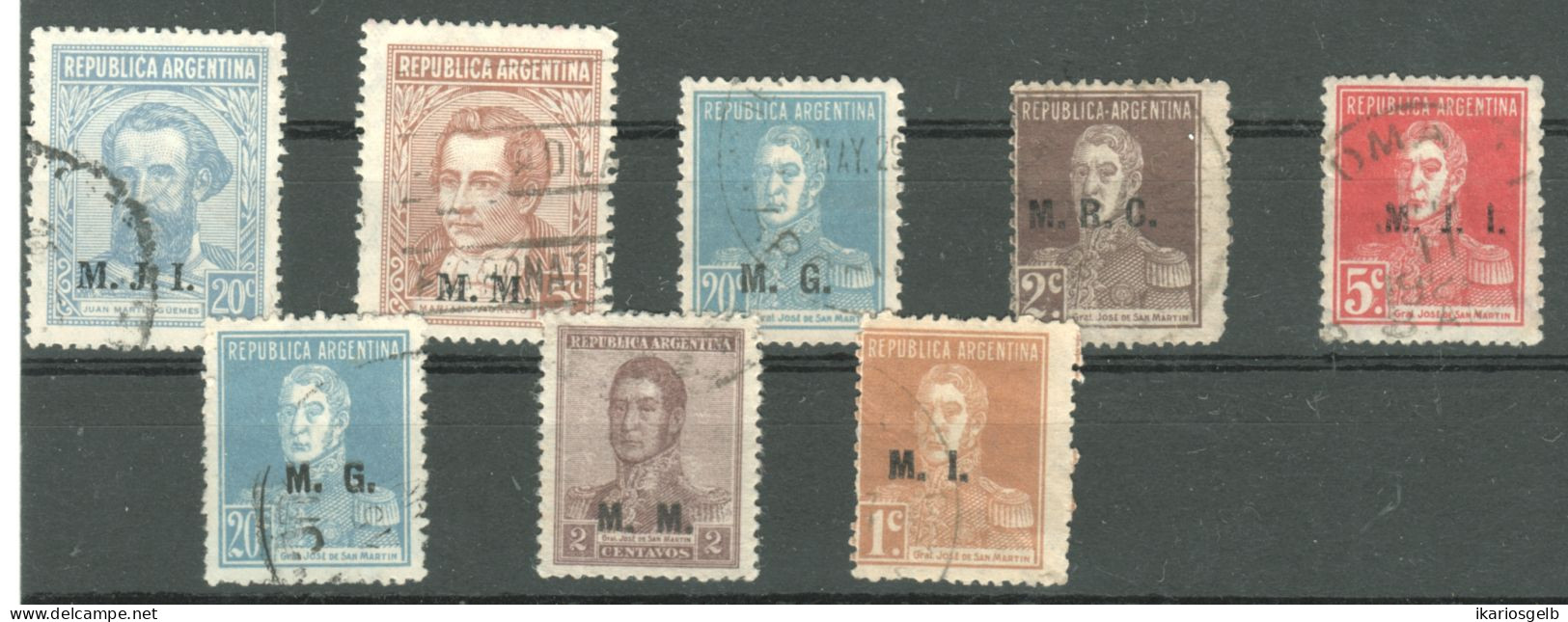 ARGENTINIEN Argentina ~1924 Lot 8 Marken + Ministerial-Aufdrucke M.I.I. - M.M. - M.G. - M.I. = Ministry Overprints - Servizio