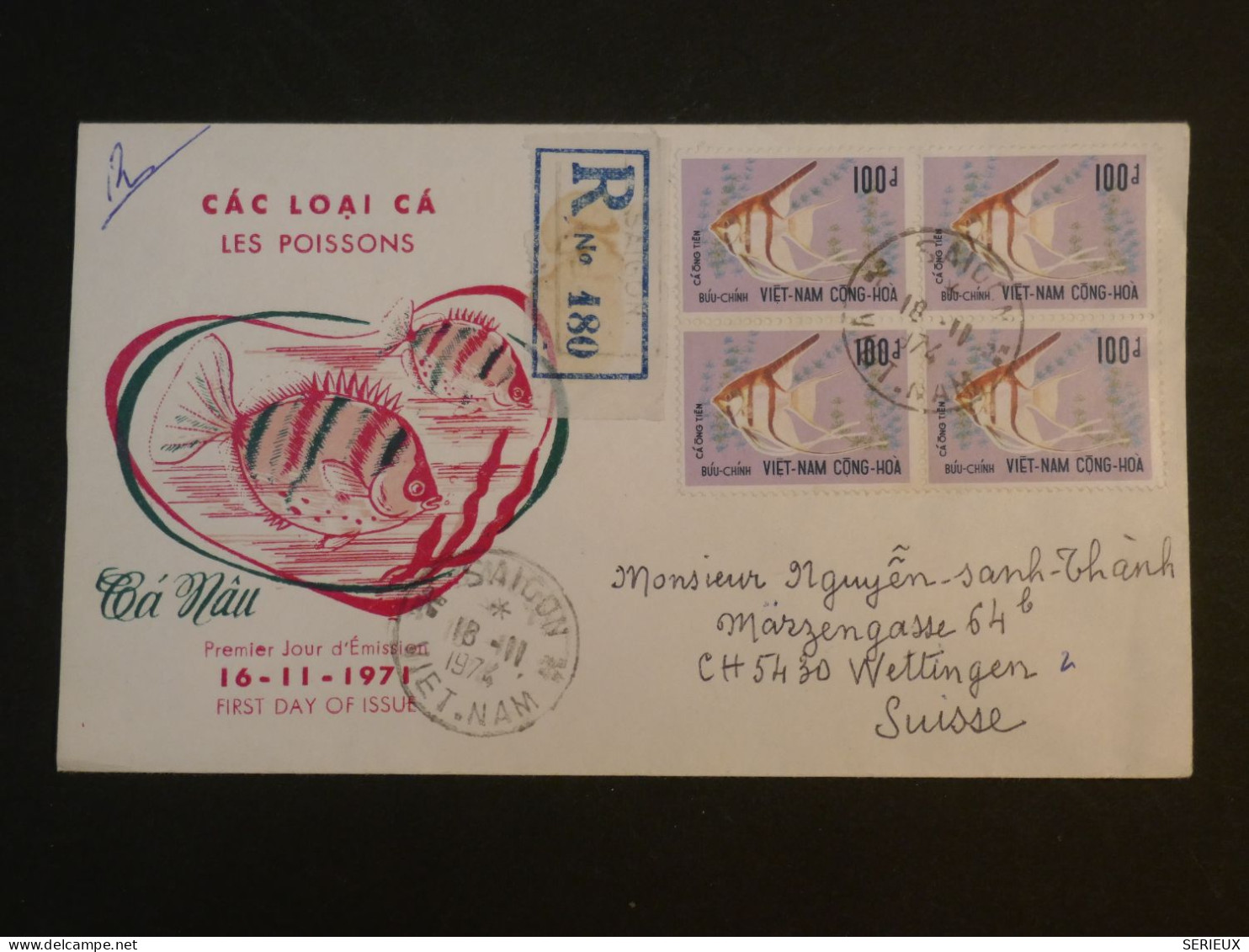 R33 VIETNAM CONG HOA BELLE LETTRE FDC  1974 A WETTINGEN SUISSE +BLOC DE 4 TP 100 .D  FISHES  + BEL AFF. INTERESSANT+ + - Viêt-Nam