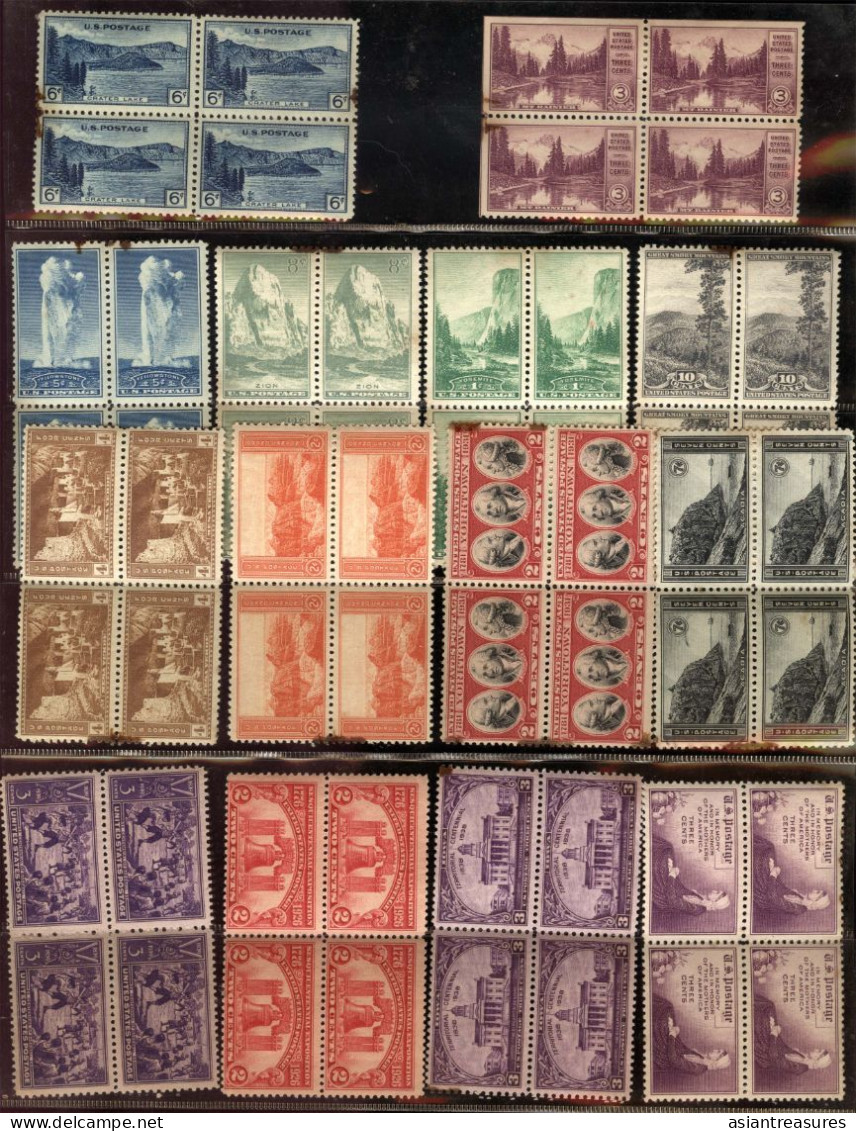 Large plateblock set USA stamps, some damaged from poor storage in books