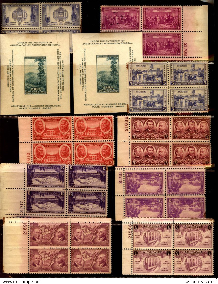 Large plateblock set USA stamps, some damaged from poor storage in books