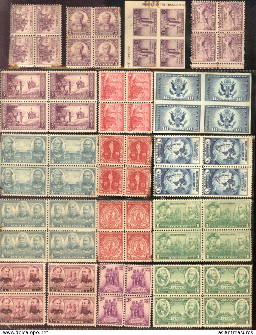 Large plateblock set USA stamps, some damaged from poor storage in books