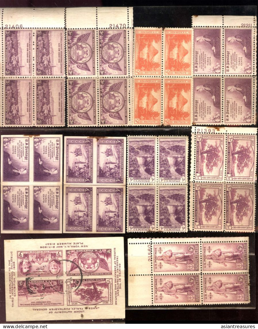 Large plateblock set USA stamps, some damaged from poor storage in books