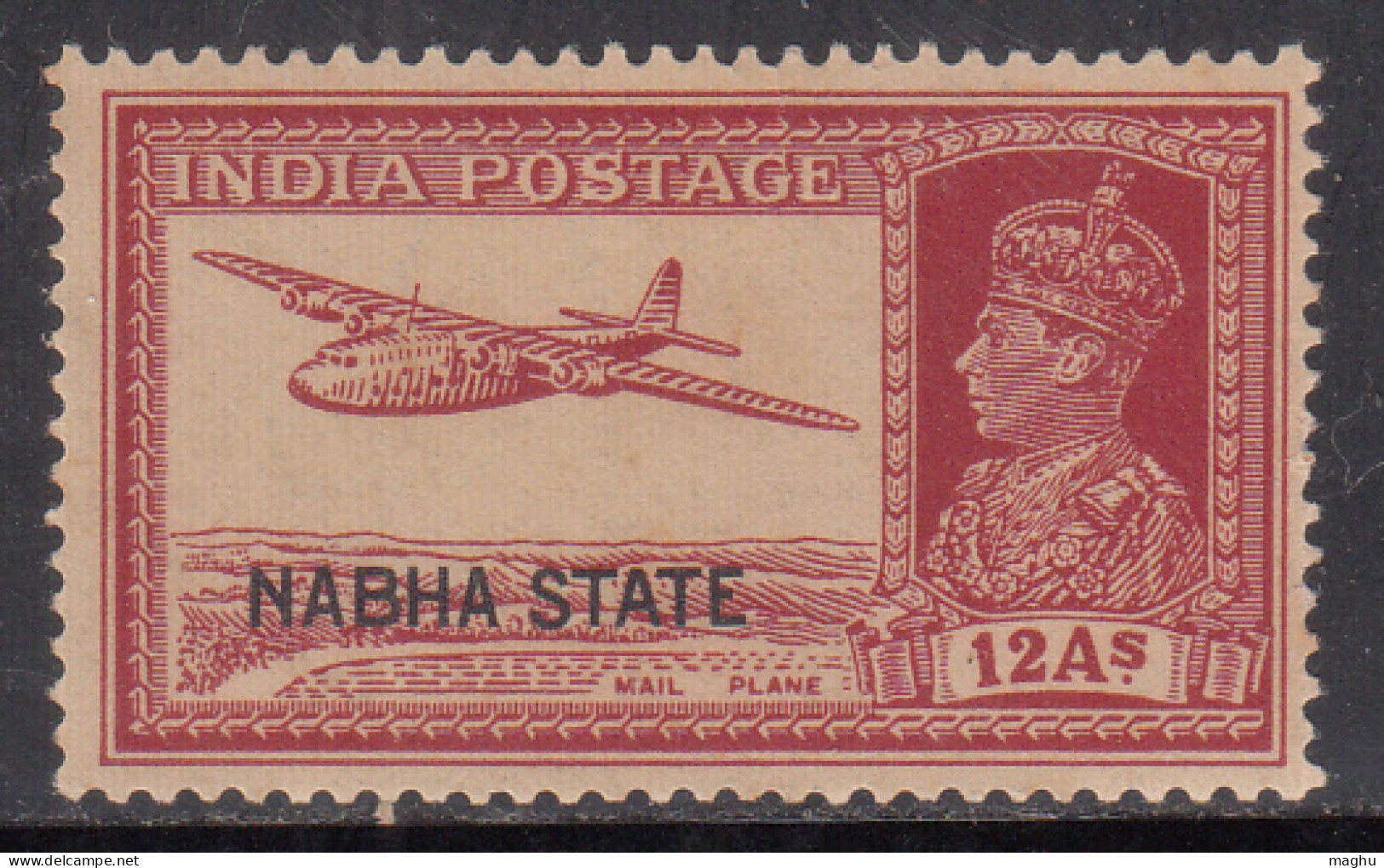 12a MH KGVI Nabha State 1938, SG88, Cat., £4 British India, Airplane, Aviation - Nabha
