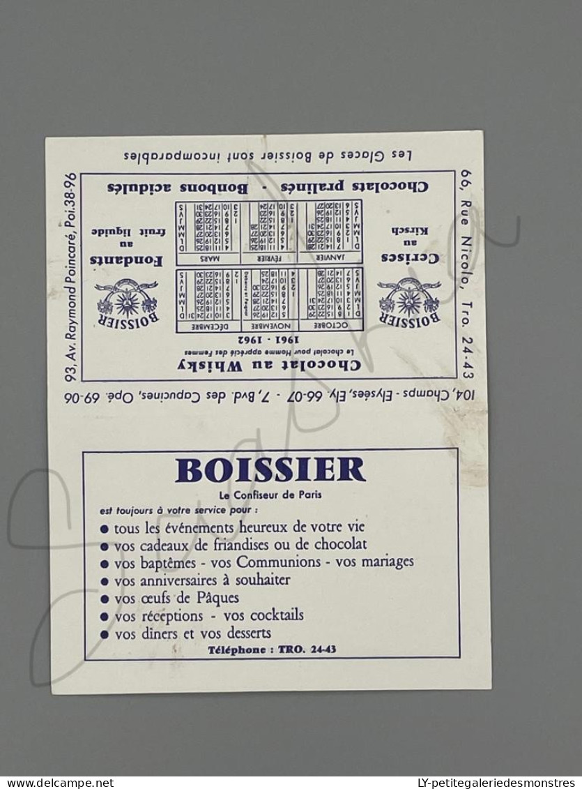 #PUB34 - Boissier Confiseur De Paris - Petit Calendrier 1961 1962 Chocolat Au Whisky Œufs De Pâque - Pliable Publicité - Petit Format : 1961-70